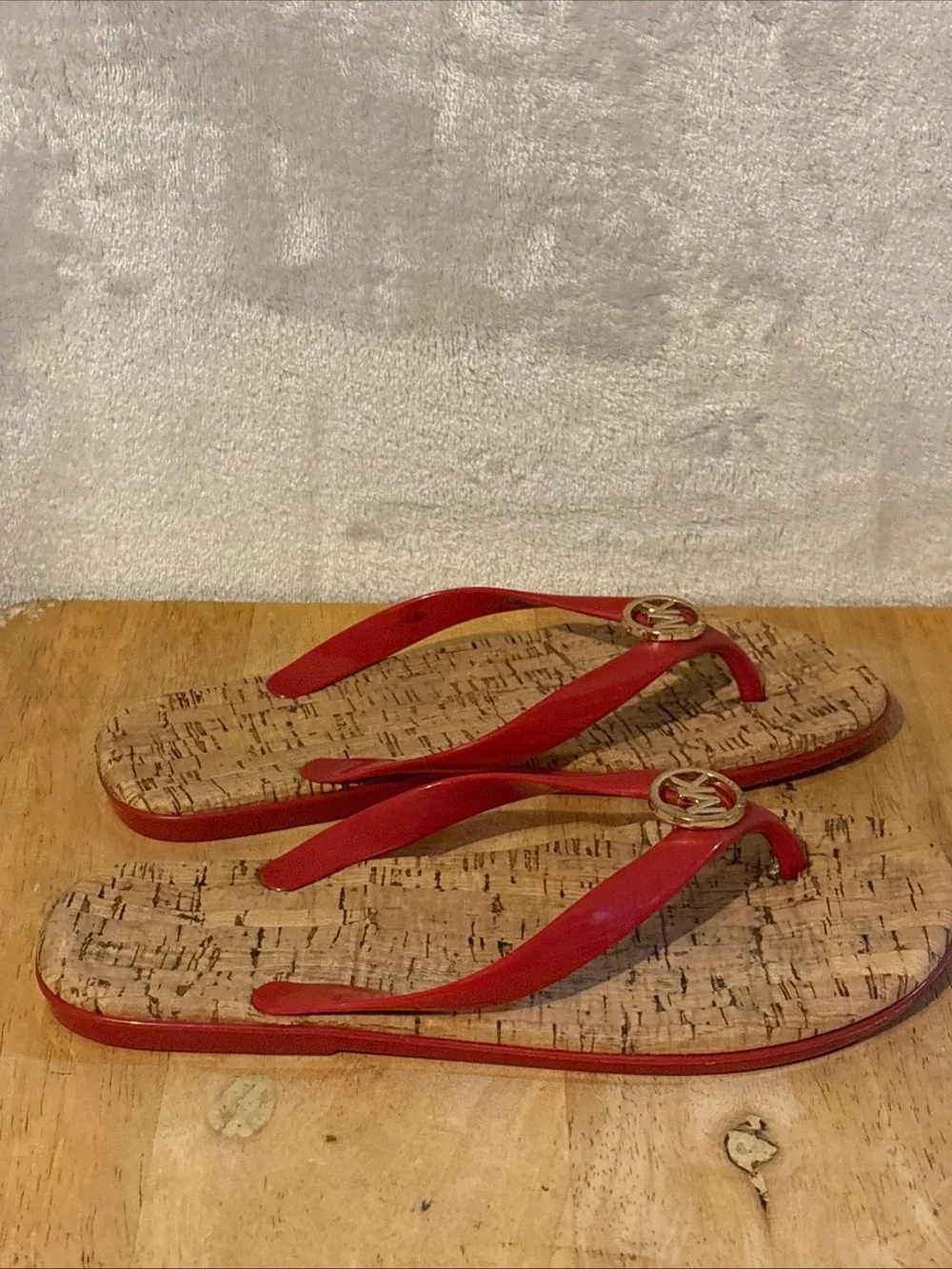 Michael Kors Red Cork-Print Flip Flop Sandals with Gold MK Logo